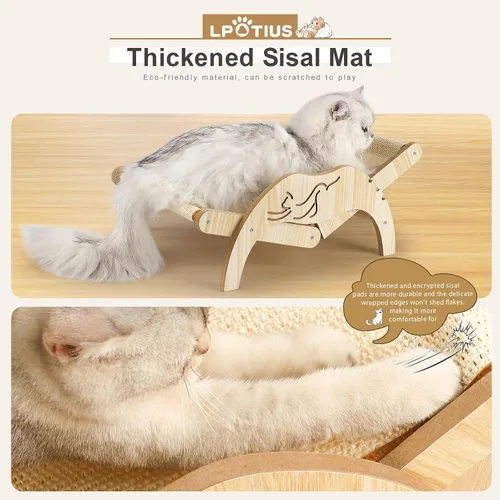 Vista 2 de Silla para gatos con rascador de sisal, silla hamaca elevada para 3 ángulos ajustables, rascador y tumbona de sisal natural, capacidad de 33 libras