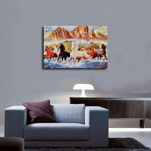 Vista 5 de Pintura al óleo de siete caballos caminando por el río, arte de pared, impresiones de animales sobre lienzo, póster de lienzo para decoración