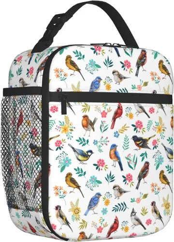 Vista 5 de FREEHOTU Lonchera con diseño de pájaros en acuarela, doble aislamiento, a prueba de fugas, bolsa de mano, organizador de almuerzo para trabajo