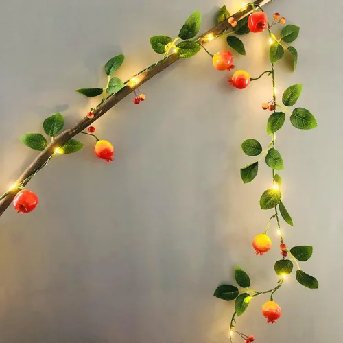 Vista 15 de Vid de mandarina con tira de luces LED, vid artificial de bayas de Kumquat de 6.6 ft, 1 cadena de 20 luces LED, funciona con pilas, decoración