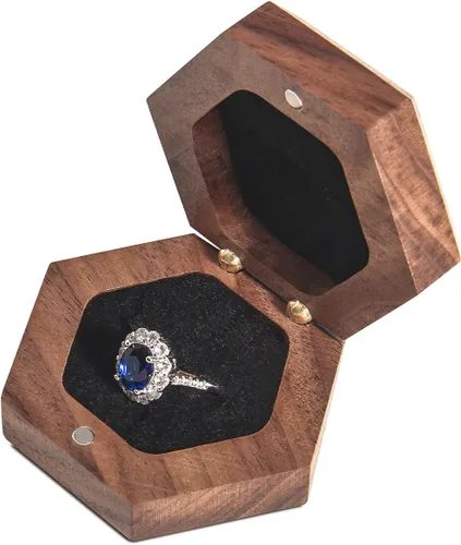 Vista 2 de Caja de madera para anillos para propuestas y anillos de compromiso, perfecta para anillos de compromiso, caja de regalo para anillos pequeños