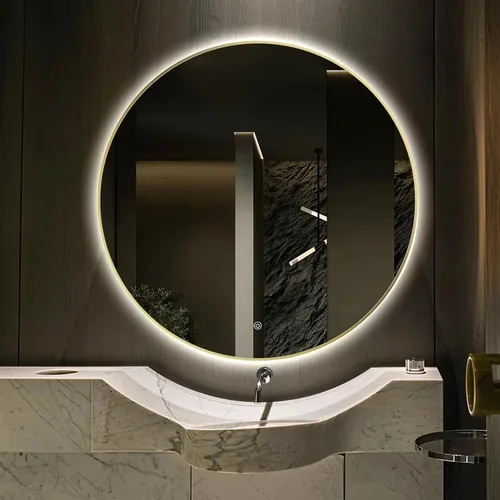 Vista 14 de Espejo de Baño LED Redondo de 24", Espejo de Tocador Retroiluminado Montado en Pared con Marco Biselado de 45°, Espejo Iluminado para Dormitorio