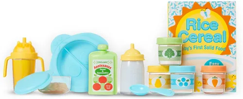 Vista 6 de Melissa & Doug Mine to Love - Juego de comida para muñecas con botella, tarros de comida para bebé, bolsa de aperitivos y más (24 unidades)