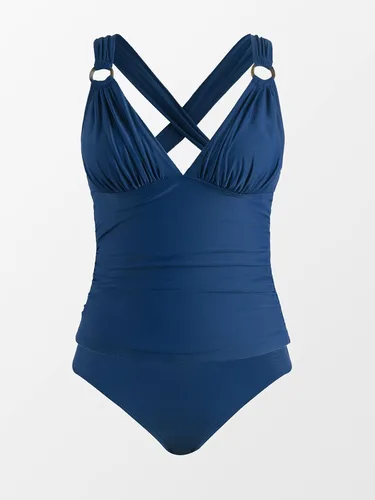 Vista 4 de CUPSHE Traje de baño tankini para mujer, cuello en V, fruncido, de dos piezas, anillo en O en la espalda, lazo cruzado en la espalda, tiro medio