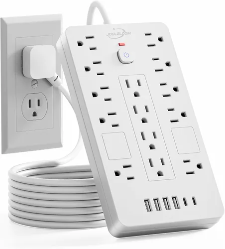 Vista 8 de JouleLoom Regleta protectora de sobretensiones, 14 tomas de corriente y 6 puertos USB, cable de extensión de enchufe plano de 6 pies, 1850 julios