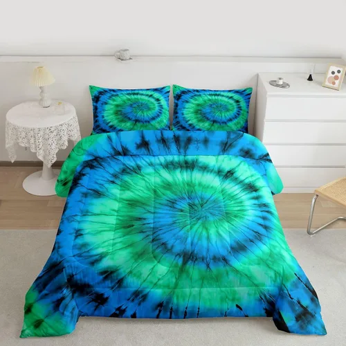 Vista 5 de Erosebridal Colorido juego de ropa de cama con diseño psicodélico en espiral psicodélico, juego de edredón de teñido anudado degradado para niños