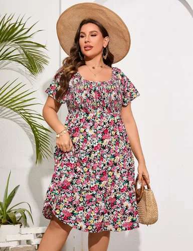 Vista 4 de KOJOOIN Vestido fruncido de talla grande para mujer, cuello redondo, manga corta, cintura alta, escalonado, casual, vestido midi de verano