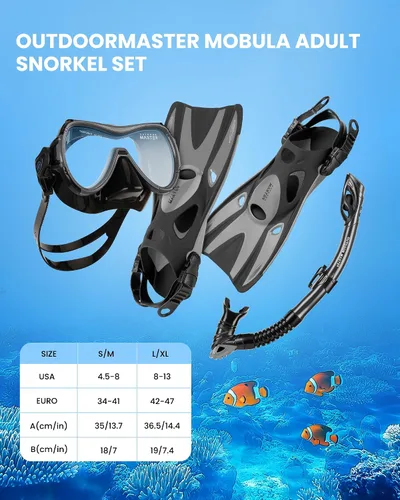 Vista 7 de OutdoorMaster Mobula Equipo de esnórquel para adultos, aletas de máscara con vista panorámica, antivaho y parte superior seca, equipo de buceo