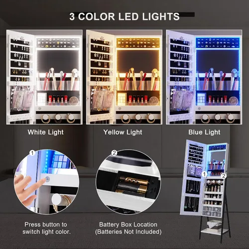 Vista 5 de HNEBC Armario de joyería con espejo LED RGB, organizador de joyas de pie de longitud completa con almacenamiento, espejo de joyería con cerradura