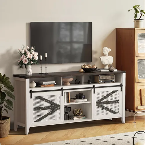 Vista 11 de VFK Soporte de TV de esquina de estilo granja para TV de 50 pulgadas, centro de entretenimiento rústico con almacenamiento, mesa de consola