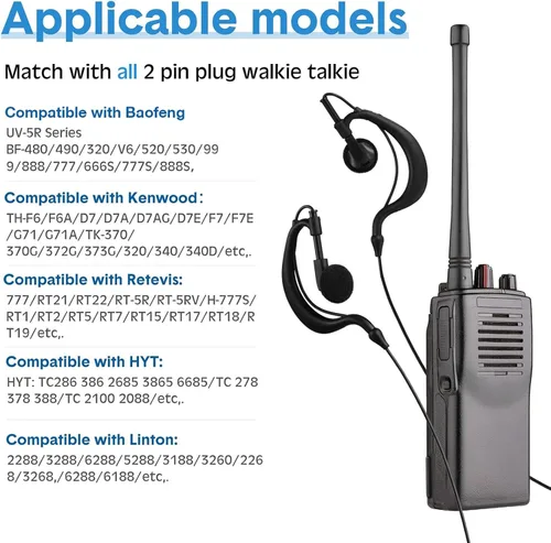 Vista 4 de 10 pares de auriculares para walkie talkie con micrófono de 2 pines, micrófono de auricular para radio bidireccional, auricular de un solo cable