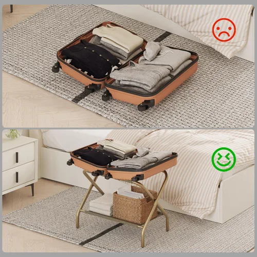 Vista 2 de Smart FENDEE Portaequipajes dorado para habitación de invitados, soporte plegable para maleta con estante de almacenamiento, soporte de equipaje