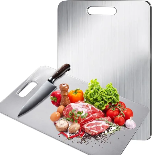 Vista 9 de Tabla de cortar de titanio para cocina, juego de tablas de cortar de acero inoxidable 304 para frutas, carne y verduras (12 x 8 pulgadas)
