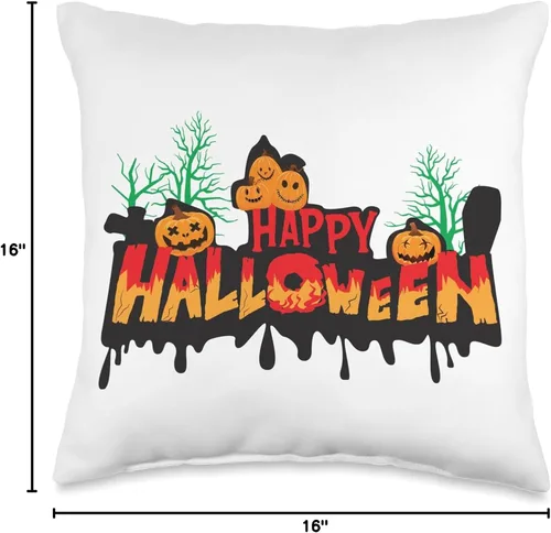 Vista 4 de happy helloween pumkin Happy Halloween - Almohada de calabaza (16 x 16 pulgadas), multicolor
