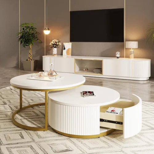 Vista 13 de Mesa de café redonda, mesa de café moderna de 31.5" con 2 cajones grandes de almacenamiento, tapa de mesa con patrón de mármol, mesa central
