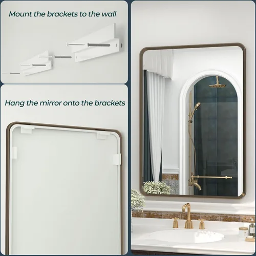 Vista 5 de OKPAL - Espejo de baño de bronce de 20x28 pulgadas, espejos de tocador de baño con marco de metal cepillado para pared, espejo de marco de bronce