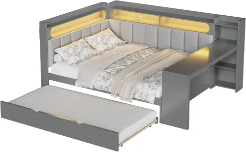 Vista 4 de SOFTSEA Sofá cama esquinera de tamaño completo con escritorio, nido y Gris Beige