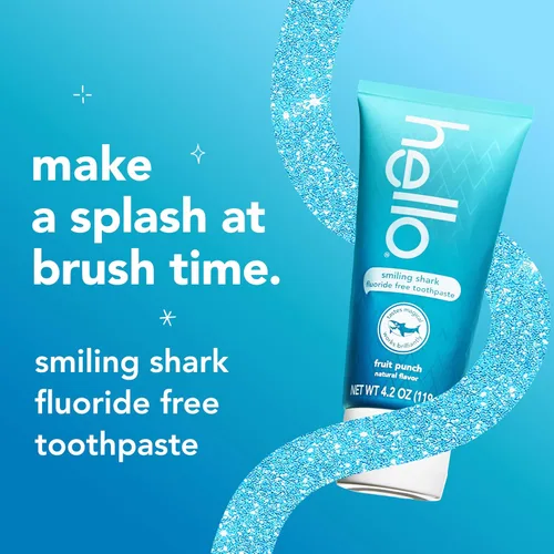 Vista 2 de hello Smiling Shark - Pasta de dientes sin flúor para niños, ponche de fruta natural, tubo de 4.2 onzas Elimina la placa, pule, blanquea, sabe
