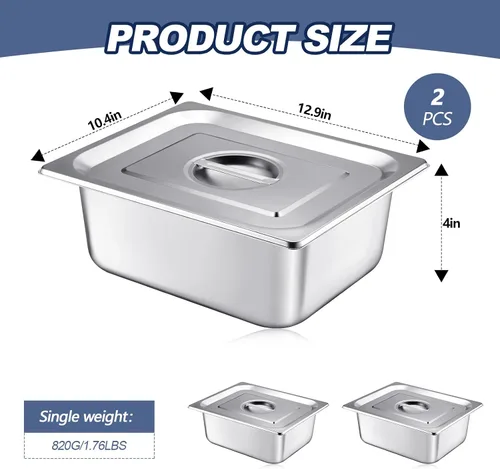 Vista 2 de Mifoci Paquete de 2 sartenes de vapor de acero inoxidable con tapa, 1/2 de tamaño x 4 pulgadas de profundidad, suministros de restaurante