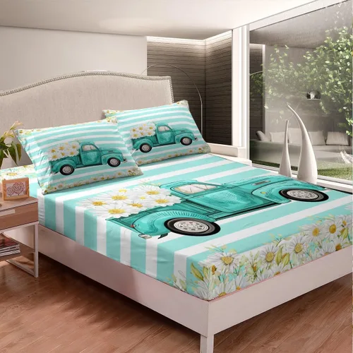 Vista 2 de Homewish Juego de sábanas con diseño de margaritas y flores para niños, juego de sábanas con diseño de rayas de color verde azulado para niños