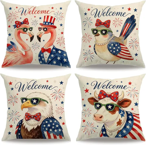Vista 10 de Juego de 4 fundas de almohada rústicas de vida silvestre de 18 x 18 pulgadas, fundas de almohada decorativas de alce, oso, lobo, cabaña, fundas