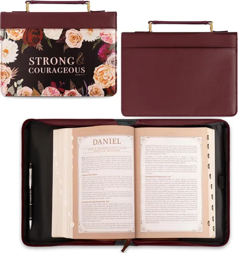 Vista 2 de Christian Art Gifts Funda protectora de piel sintética para la Biblia con asa para mujer: fuerte y valiente, versículo bíblico inspirador Joshua