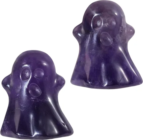 Vista 11 de TUMBEELLUWA 2 figuras de fantasma de Halloween, estatua de cristal tallada, piedra energética, mini escultura coleccionable para decoración