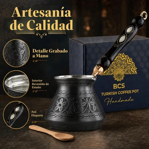Vista 4 de BCS - Cafetera turca de cobre hecha a mano de 12 onzas, grabada a mano Cezve y cuchara