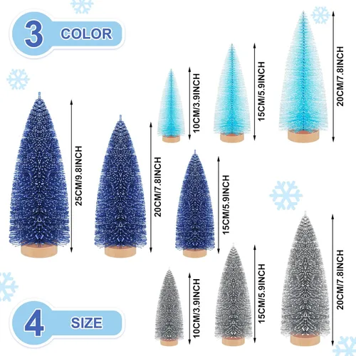Vista 2 de Leyndo - 9 unidades de árboles artificiales de Navidad clásicos azules en miniatura con base de madera de pino de sisal para decoración de otoño