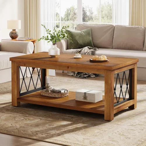 Vista 6 de Mesa auxiliar de madera maciza de 47.2 pulgadas, diseño de almacenamiento de 2 niveles, mesa de cóctel central rectangular de granja, marco de metal