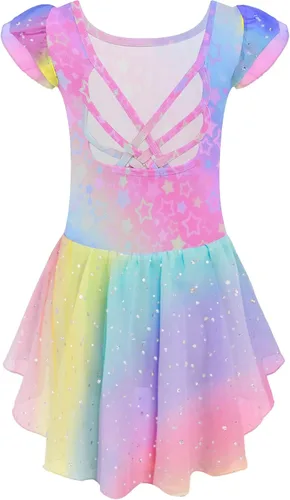 Vista 19 de Arshiner - Malla de ballet con mangas de volantes brillantes y falda con espalda cruzada para niñas Floral rosa aguamarina
