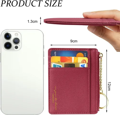 Vista 29 de URAQT Cartera para tarjetas de crédito, cartera minimalista de cuero delgado con cremallera, mini protector de tarjeta de crédito, llavero bolsillo