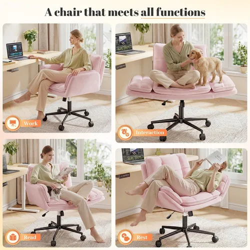 Vista 3 de DurayLoly Silla Criss Cross con ruedas, silla de escritorio rosa con reposabrazos ajustables, silla de tocador con respaldo para dormitorio, sala