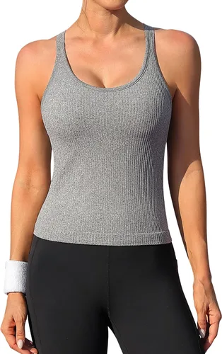 Vista 95 de ATTRACO Camiseta corta acanalada de entrenamiento para mujer con brasier integrado para yoga, espalda cruzada, ajuste ajustado