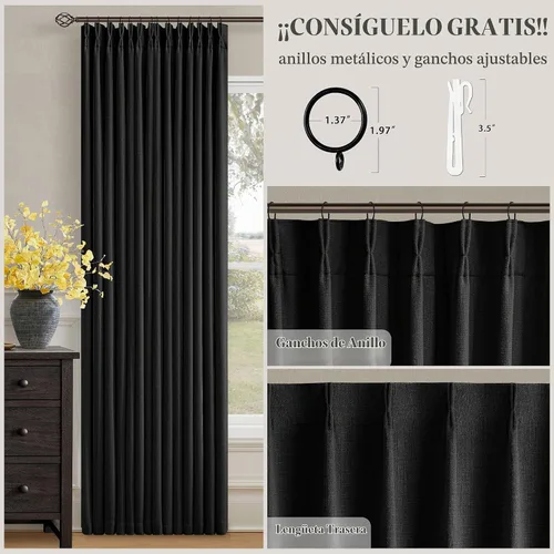 Vista 5 de Juego de 2 paneles de cortinas plisadas negras de 80 pulgadas para sala de estar, cortinas plisadas de lino con forro de 80 pulgadas de largo, 100%