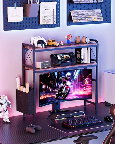 Vista 5 de Estantes de escritorio, soporte para monitor con estantes ajustables y bolsillos laterales, organizador de estantería de escritorio de 2 niveles