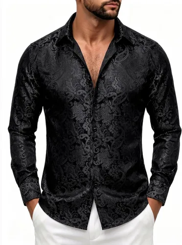 Vista 22 de DiBanGu Camisa de vestir de paisley de seda para hombre, formal, de manga larga, con cuello abotonado, camisas informales para fiesta de boda Negro