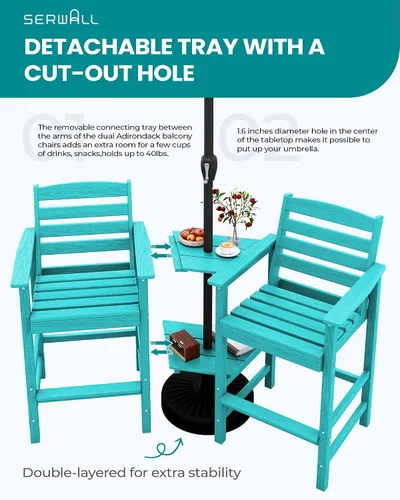 Vista 4 de SERWALL: Juego de 2 sillas Adirondack altas con mesa conectada, taburetes de exterior para todo clima, color azul Aruba