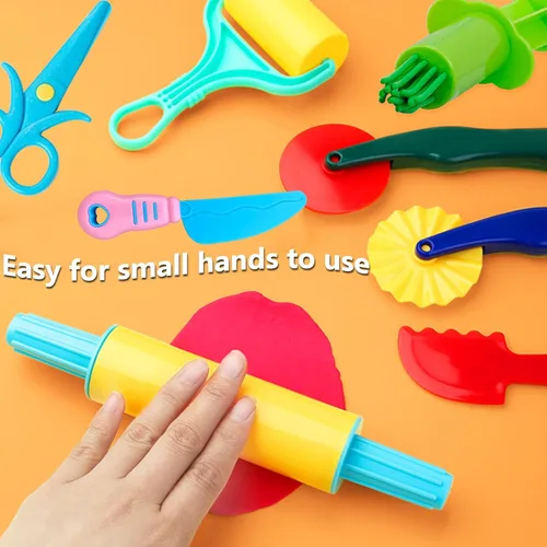 Vista 4 de Kit de herramientas de masa, 9 piezas básicas de arcilla y masa para niños, incluye rodillo, rodillos, tijeras de seguridad, extrusora de masa