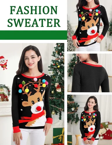 Vista 5 de v28 - Suéter tipo Ugly Christmas (feo de Navidad) para mujer, diversos estilos, suéter de punto con diseño de reno feliz