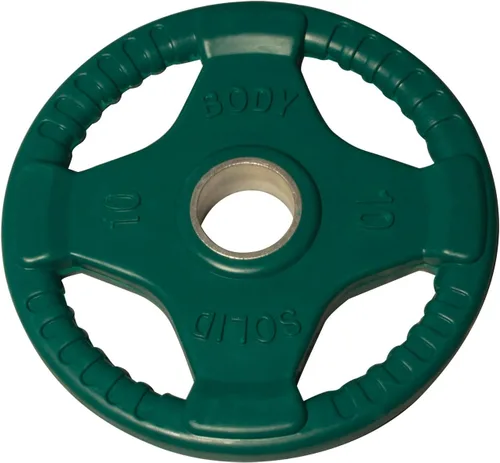 Vista 10 de Body-Solid Placa de goma con diseño de agarre cuádruple, discos de peso olímpicos con revestimiento de goma para levantamiento de pesas