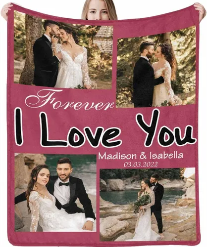 Vista 19 de Manta de fotos personalizada, manta de pareja de boda, con texto en inglés «He Asked And She Said Yes», 4 fotos, manta de boda, regalo romántico