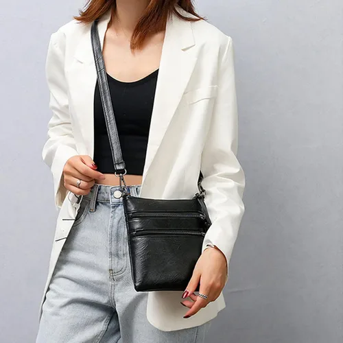 Vista 3 de Ke1Clo Bolso cruzado de cuero para mujer, con triple cremallera, bolsillo de hombro, bolso pequeño de moda para uso diariooficina