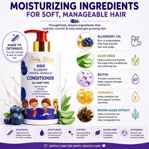 Vista 2 de BABY HAIR - Acondicionador de cabello para niños con minerales de arándanos, acondicionador para el cabello sin sulfato, acondicionador