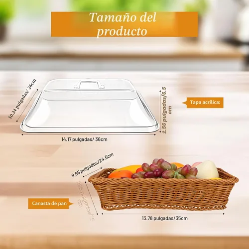 Vista 2 de Mumufy Paquete de 2 cestas de mimbre grandes para pan con tapa acrílica, regalo de inauguración de la casa, cesta rectangular de imitación de ratán