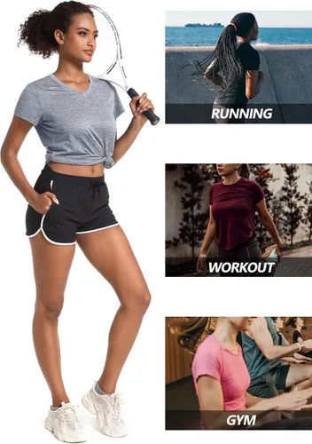 Vista 7 de MAGCOMSEN Camiseta de manga corta con cuello en V para mujer, absorbe la humedad, camiseta de entrenamiento atlético, ropa deportiva, tops de yoga