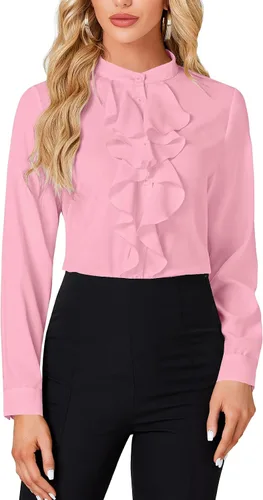 Vista 12 de LYANER - Blusa de cuello alto con botones, volantes en el frente, manga larga, camisa de trabajo para mujer