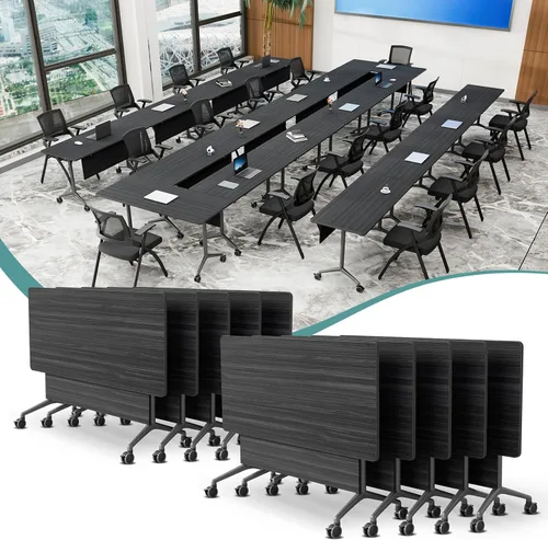 Vista 55 de Mesa de conferencias plegable con ruedas, mesa modular para sala de conferencias con 2 ojales para cables, mesas móviles de sala de reuniones