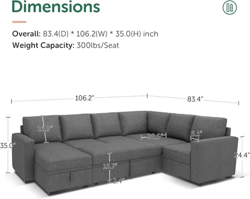 Vista 2 de HONBAY Sofá Seccional Cama con Cama Extraíble, Sofá en Forma de U con Almacenamiento, Sofás Seccionales Modulares para Sala de Estar, Gris Oscuro