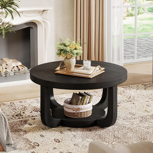 Vista 8 de Tribesigns - Mesa de café redonda, mesa de café circular de 2 niveles con almacenamiento, mesa auxiliar moderna de acento de madera para sala